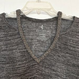 Grey heathered JUICY COUTURE shoulder cut out gunmetal beaded top EUC Small